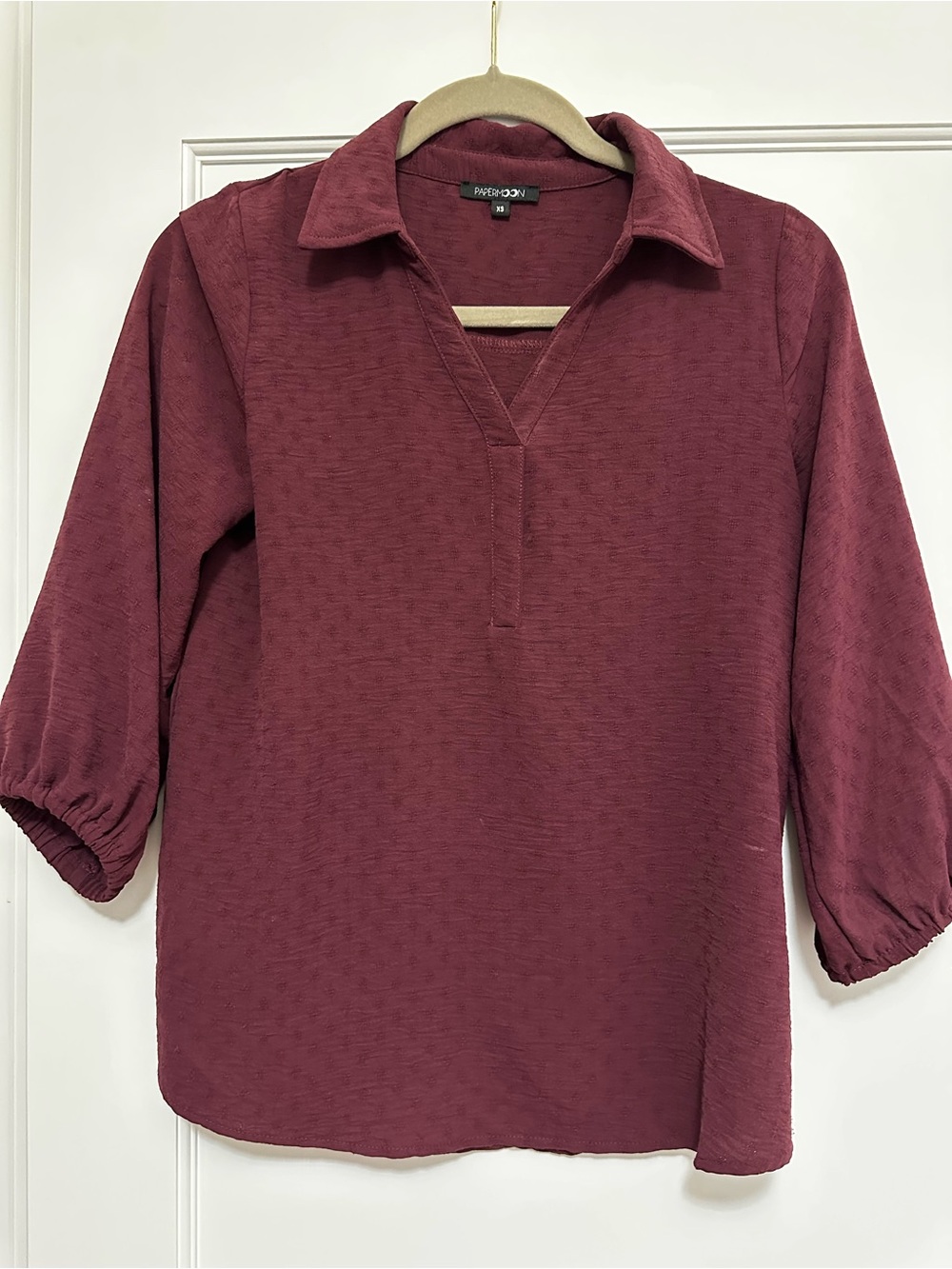 Papermoon Burgundy Collared V-Neck 3/4 Sleeve Blouse